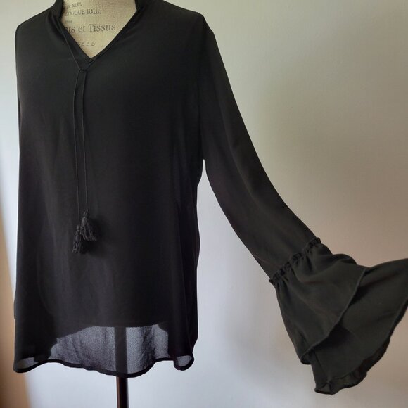 Black Ruffle Blouse with neck tassel detailing - Size L - Picture 6 of 9